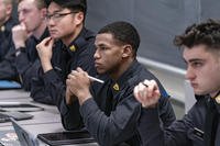 Cadets participate in a class on American politics at the United States Military Academy in West Point, New York.