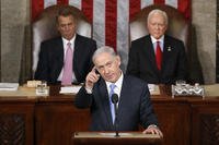 Israeli Prime Minister Benjamin Netanyahu gestures in his speech to Congress.