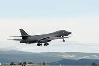 A U.S. Air Force B-1B Lancer assigned to the 37th Bomb Squadron takes off in support of a Bomber Task Force mission at Ellsworth Air Force Base