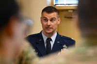 Lt. Col. Carsten Stahr gives a speech during a change of command ceremony