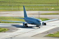 A KC-46A Pegasus arrives at Travis Air Force Base, Calif.