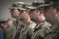 Members of the National Space Defense Center stand at attention during the Space Delta 15 activation ceremony at Schriever Space Force Base, Colorado.