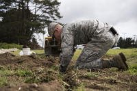 Airman 1st Class Tristan Gibson, 30th Civil Engineering Squadron airman, participates in base repairs April 4, 2019, on Vandenberg Air Force Base, Calif.