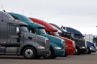 Big rigs stack up at the Flying J Truck Stop along Interstate 70 near Limon, Colo.