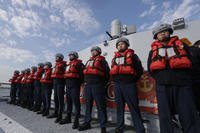 Deck crew of Taiwanese navy stand by on a Taiwan's domestically made Tuo Chiang patrol ship