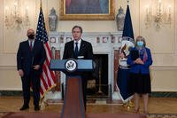 US Secretary of State Antony Blinken (center) speaks during remarks on the Havana Syndrome