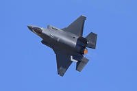 U.S. Air Force fighter aircraft F-35 performs aerobatic maneuvers