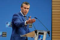 Defense Secretary Pete Hegseth speaks during a media conference at NATO headquarters