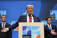 President Donald Trump speaks at the end of the NATO summit