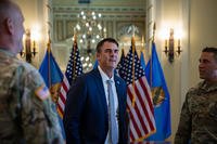 Oklahoma Gov. Kevin Stitt speaks with Oklahoma National Guardsmen at the Oklahoma State Capitol to recognize their success during Cyber Shield 2024 held in Virginia Beach, Virginia.