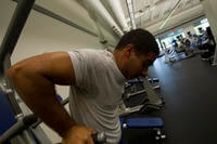 Senior airman Jared Trimarchi completes a set of dips at Joint Base Charleston, S.C.