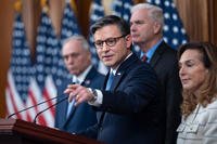 Speaker of the House Mike Johnson, R-La., and the House GOP leadership deliver the Republican message on the government shutdown, now in its 9th day, during a news conference at the Capitol in Washington.