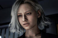 Close-up of Grace Ashcroft, a young woman with short silver hair and a worried expression, standing in a dimly lit room in Resident Evil Requiem.