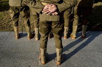 The Army's 1st Cavalry Division Honor Guard from Fort Hood, Texas stands during a Veterans Day ceremony at the World War II Memorial in Washington, Thursday, Nov. 11, 2021, hosted by The Friends of the National World War II Memorial and the National Park Service to pay tribute to those who served in WWII and the over 400,000 servicemen who were killed. (AP Photo/Andrew Harnik)