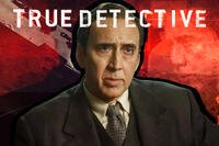 Nicolas Cage in a composite image referencing True Detective Season 5 and his Spider-Noir role, set against a dark red crime-themed background. Image created by Ryan Thomas LaBee using press materials from HBO’s True Detective and Amazon Prime Video’s Spider-Noir