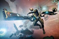 Excalibur frame taking aim while flying through open space with an Archwing