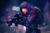 A Starfield character wearing a space suit and holding an assault rifle in a dark cave, with a faint bokeh effect visible in the foreground.