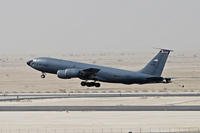 A KC-135 Stratotanker takes off from the flightline at Al Udeid Air Base, Qatar, Feb. 18, 2015. (U.S. Air Force/Senior Airman Kia Atkins)