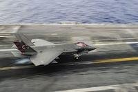 An F-35C Lightning II assigned to the Salty Dogs of Air Test and Evaluation Squadron (VX) 23 lands on the flight deck of the aircraft carrier USS George Washington (CVN 73) on Aug. 15, 2016, in the Atlantic Ocean. (Photo by Wyatt L. Anthony/U.S. Navy)
