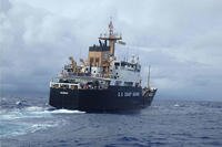 A USCGC Kukui (WLB 203) boarding team, with a shiprider from the Republic of the Marshall Islands, returns to the ship following a successful boarding with the fishing vessel Lomato in the Pacific Ocean Aug. 29, 2015. (U.S. Coast Guard photo)