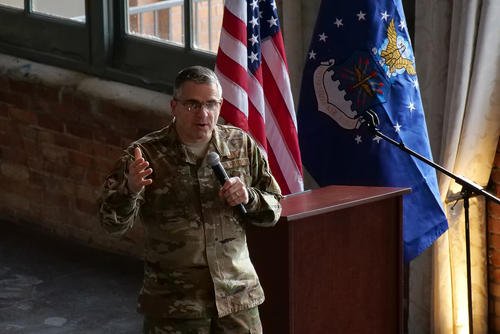 Maj Gen. William Cooley addresses Small Business Innovation Research (SBIR) Pitch Day at the Air Force Research Laboratory in Dayton, Ohio.
