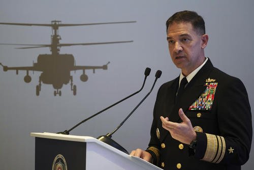 U.S. Navy Vice Adm. Brad Cooper, who heads the Navy's Bahrain-based 5th Fleet, speaks