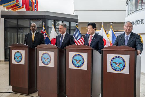 U.S. Secretary of Defense Lloyd Austin III, Australian Deputy Prime Minister and Minister for Defense Richard Marles, Japanese Minister of Defense Kihara Minoru and Secretary of National Defense of Philippines Gilbert Teodoro conduct a multilateral press briefing at U.S. Indo-Pacific Command headquarters, Camp H.M. Smith, Hawaii.