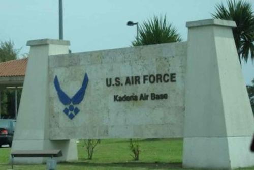 Sign greets visitors to Kadena Air Base in Okinawa, Japan