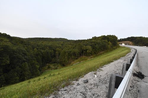 Trees stand in wooded areas alongside Interstate 75 near Livingston, Ky