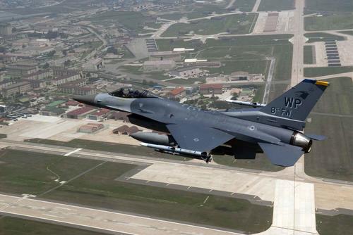 An 8th Fighter Wing F-16 Fighting Falcon flies over Kunsan Air Base