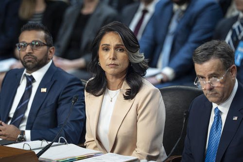 DNI Tulsi Gabbard flanked by FBI Director Kash Patel and CIA Director John Ratcliffe