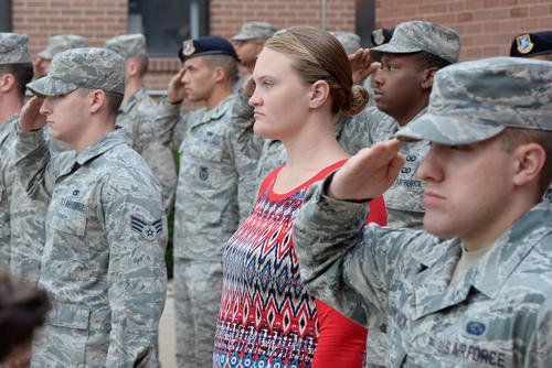 Sondria Linford, 533rd Commodities Maintenance Squadron, stands at attention with her Airman Leadership School classmates at Hill Air Force Base, Utah.