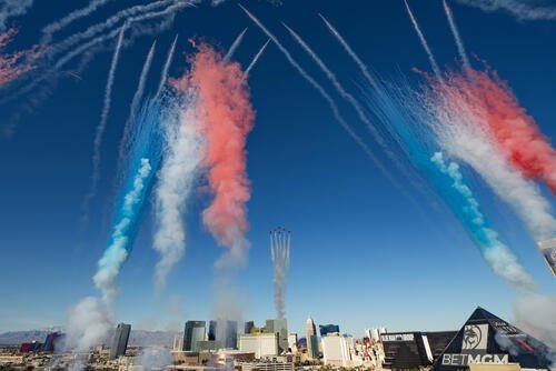The United States Air Force Air Demonstration Team “Thunderbirds” flyover the Super Bowl LVIII on February 11, 2024, in Las Vegas, Nevada. The Super Bowl was against the Kansas City Chief and the San Francisco 49ers. (U.S. Air Force photos by Staff Sgt. Breanna Klemm)